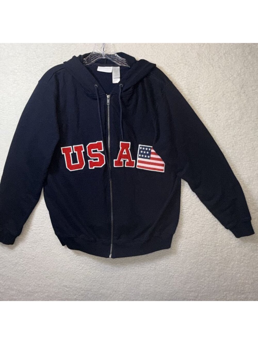 Vintage Liz Claiborne USA Hoodie Zip-Up Jacket Navy Large Flag Logo Cotton